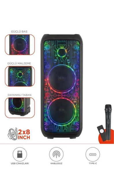 D64 Siyah RGB Ledli Dahili Kablosuz Mikrofon Kumandalı Radyolu Bluetooth Hoparlör Speaker ürün görseli 1