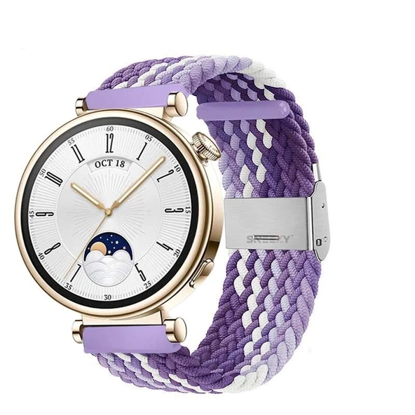Sneezy Huawei Watch GT4 41mm İle Uyumlu 18mm Metal Klips Solo Fiberlink Örgü Kordon  Lila Beyaz ürün görseli 1