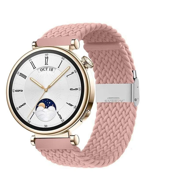 Sneezy Huawei Watch GT4 41mm İle Uyumlu 18mm Metal Klips Solo Fiberlink Örgü Kordon  Pembe ürün görseli 1