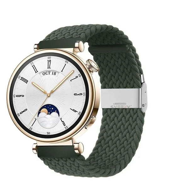 Sneezy Huawei Watch GT4 41mm İle Uyumlu 18mm Metal Klips Solo Fiberlink Örgü Kordon  Haki ürün görseli 1
