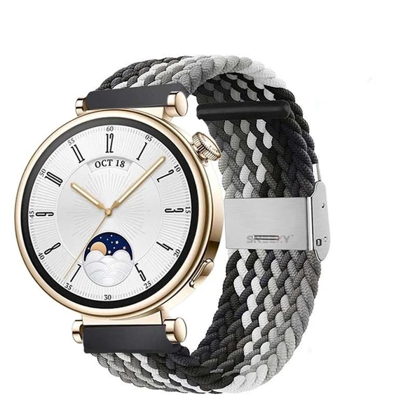 Sneezy Huawei Watch GT4 41mm İle Uyumlu 18mm Metal Klips Solo Fiberlink Örgü Kordon  Siyah Beyaz ürün görseli 1
