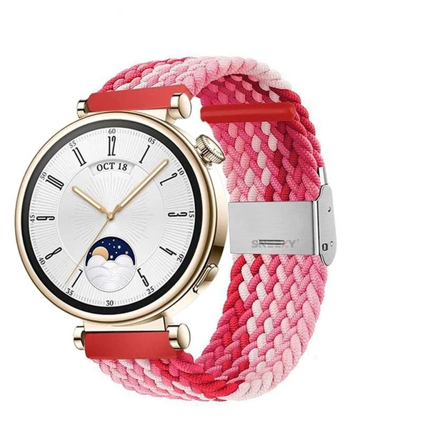 Sneezy Huawei Watch GT4 41mm İle Uyumlu 18mm Metal Klips Solo Fiberlink Örgü Kordon  Kırmızı Beyaz ürün görseli 1