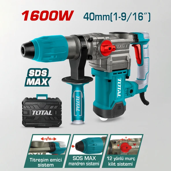 Total TH1163855 1600W SDS Max 6 Kg Kırıcı Delici Darbeli Matkap Hilti Çekiç Güçlü Beton Kırma Delme ürün görseli 1