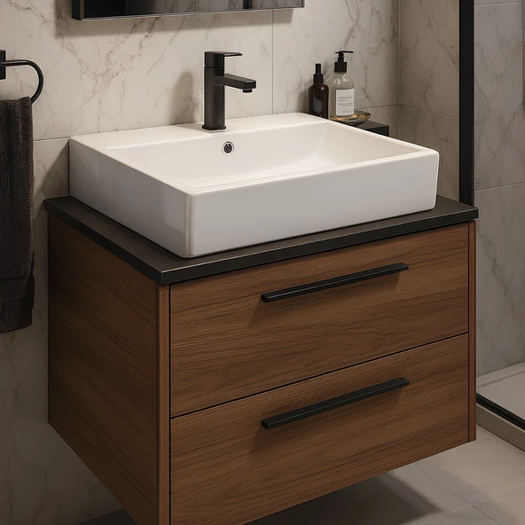 Turavit Vega Dikdörtgen Tezgâh Üstü Beyaz Batarya Delikli Lavabo 50x42 Cm VG0050 ürün görseli 1