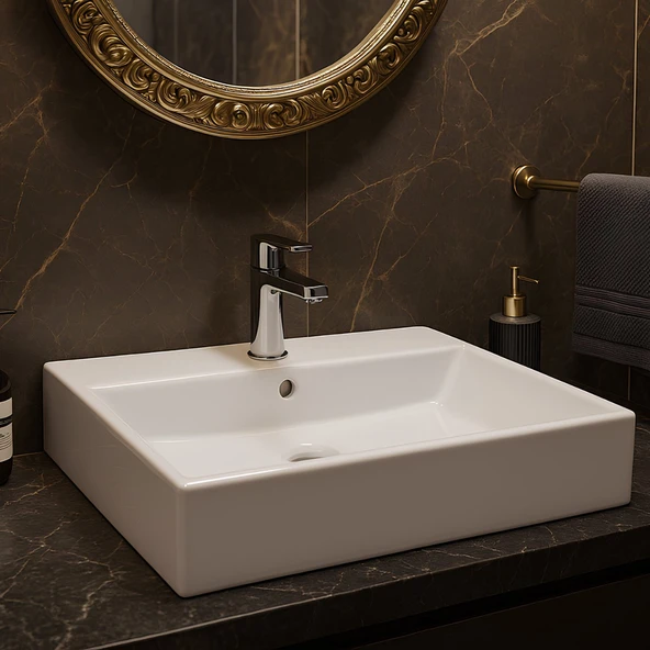 Turavit Vega Dikdörtgen Tezgâh Üstü Beyaz Batarya Delikli Lavabo 60x45 Cm VG0060 ürün görseli 1