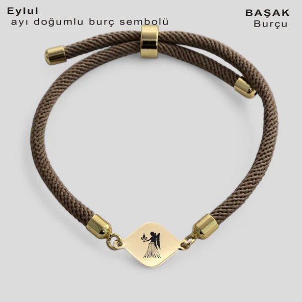 Burca Özel Eşkenar Dörtgenli Kahverengi Örgü İpli 14 Ayar Altın Plakalı Hediye Bileklik-332 ürün görseli 1