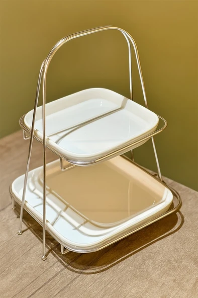 2 Katlı Kare Gümüş Metal Standlı Mika Sunumluk Şekerlik Lokumluk Kurabiyelik ürün görseli 1