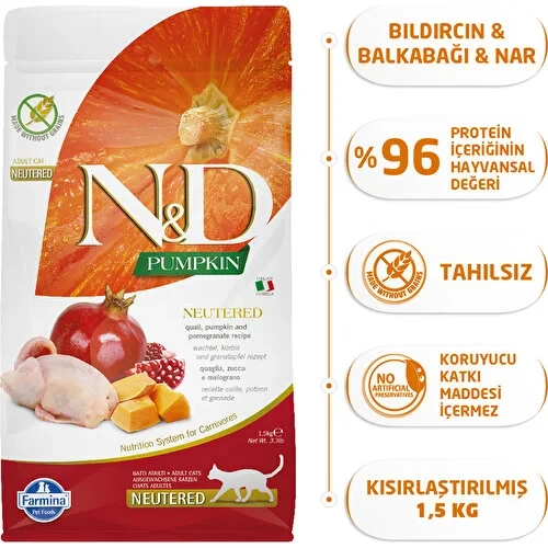 Nd Tahılsız Bıldırcın Etli Balkabaklı  Kısırlaştırılmış Kedi Maması 1,5 Kg ürün görseli 1