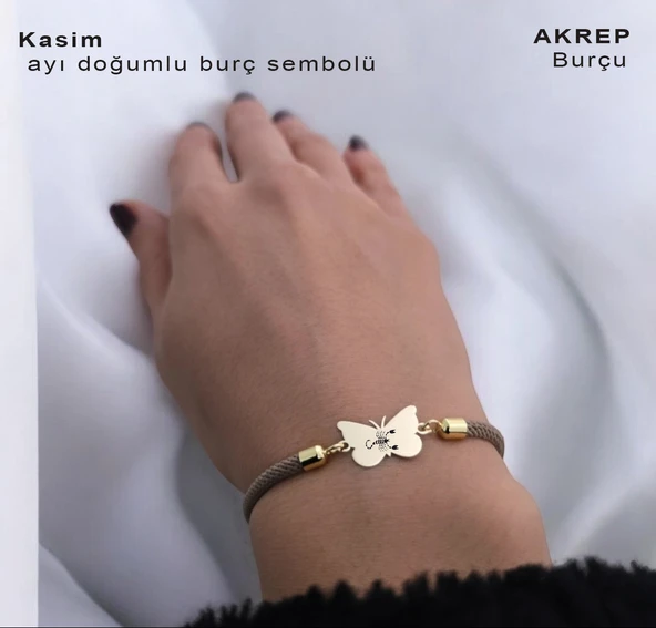 Burca Özel Kelebek Motifli Kahverengi İpek Örgülü 14 Ayar Altın Plakalı Hediye Bileklik-336 ürün görseli 1