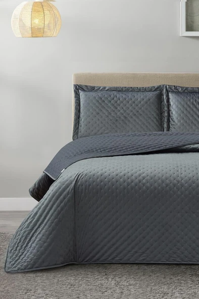 Parma Çift Kişilik Lüks Kadife 240x260 cm Yatak Örtüsü Antrasit ürün görseli 1