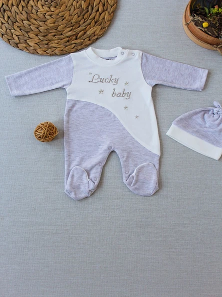 0-3 3-6 Ay Lucky Baby Nakışlı Es Çizgi Boy Şapkalı Erkek Bebek Tulumu ürün görseli 1