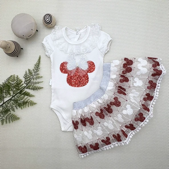 1-2-3 Yaş Payetli Mickey Nakışlı  Kısa Kollu Brode Etekli 2li Kız Bebek Takımı ürün görseli 1