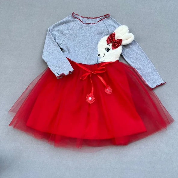 5-6-7 Yaş Pelüş Tavşan Desenli Kurdela Kuşaklı Astarlı Kız Çocuk Tütü Elbise ürün görseli 1