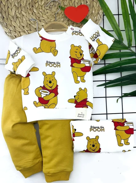 9-12-18-24 Ay Pooh Baskılı Yaka Çıtçıtlı Uzun Kollu Sweatli 2li Kız Erkek Bebek Takımı ürün görseli 1