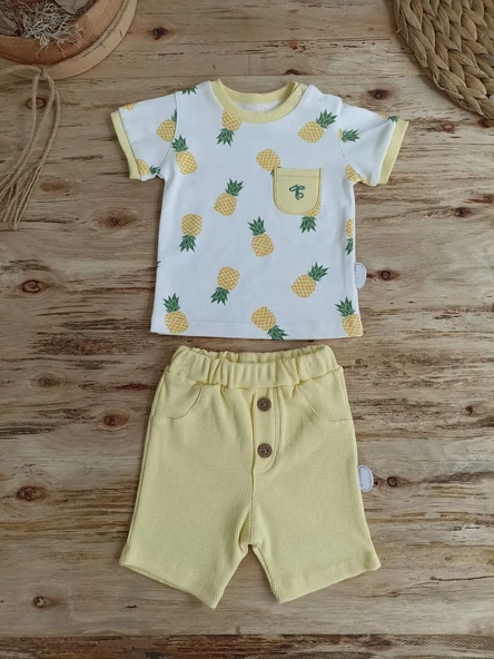 3-6 6-9 9-12 Ay Ananas Baskılı Şort Tişört 2 Li Kız Erkek Bebek Takımı ürün görseli 1