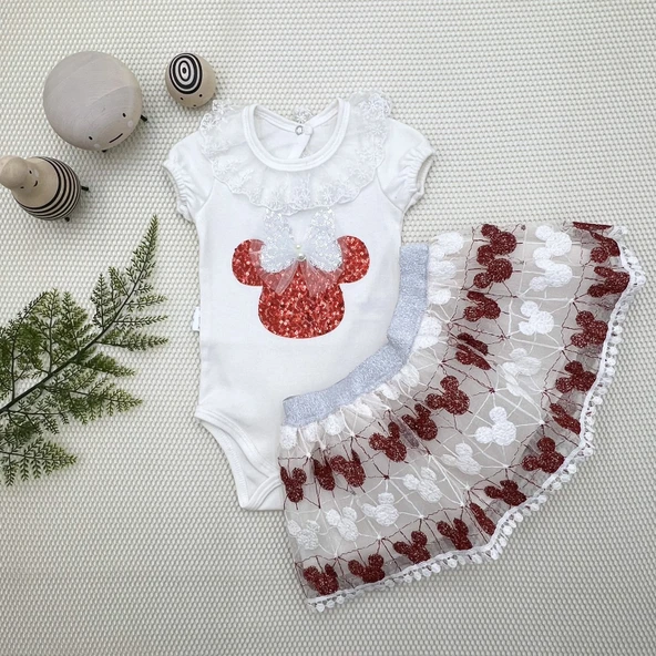 1-2-3 Yaş Payetli Mickey Nakışlı  Kısa Kollu Brode Etekli 2li Kız Bebek Takımı ürün görseli 1