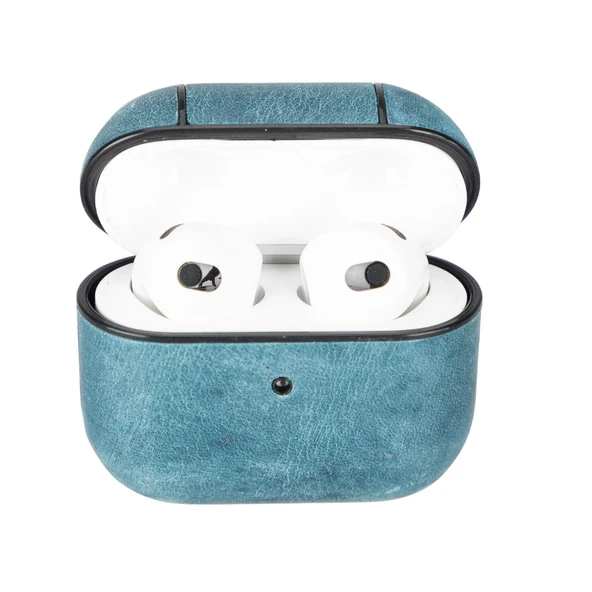 Apple AirPods 3.nesil Uyumlu Deri Kılıf Juni AA32 Mavi ürün görseli 1