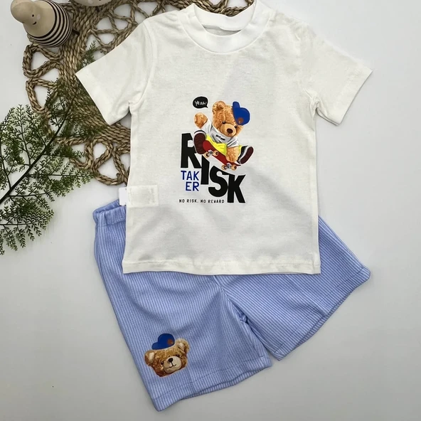 1-2-3 Yaş Kaykaycı Ayı Baskılı Şortlu Kısa Kollu Tişört 2li Erkek Bebek Takımı ürün görseli 1