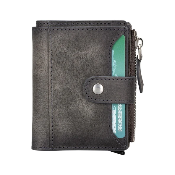 Deri Cüzdan Ve Kartlık, Mekanizmalı, 10 Adet Kart Bölmeli, Efektli Gri ürün görseli 1