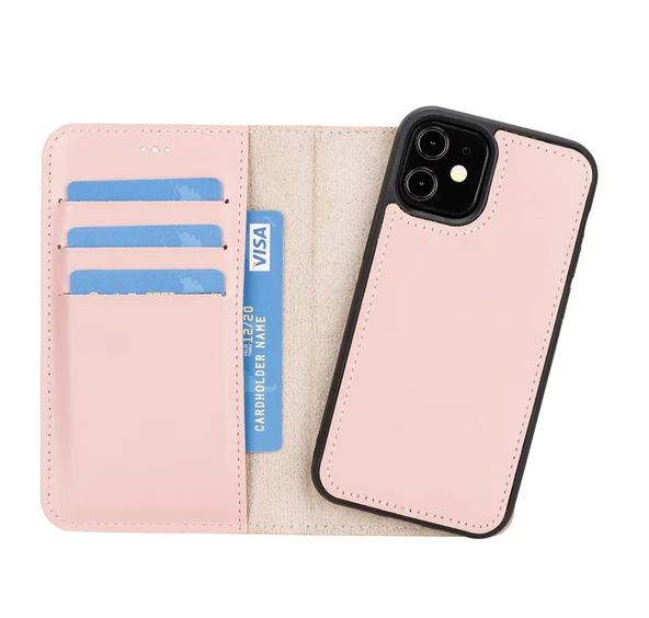 Apple iPhone 12 mini Uyumlu Deri Cüzdanlı Kılıf NU2 Pembe ürün görseli 1