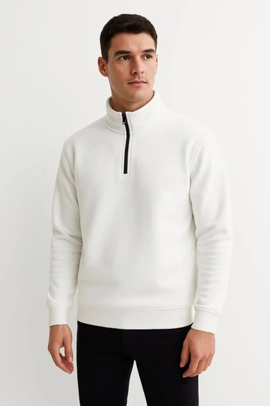 Erkek Dik Yaka Sweatshirt Dik Yaka Yarım Fermuarlı 3 İplik Şardonlu Pamuk Kumaş - Beyaz ürün görseli 1