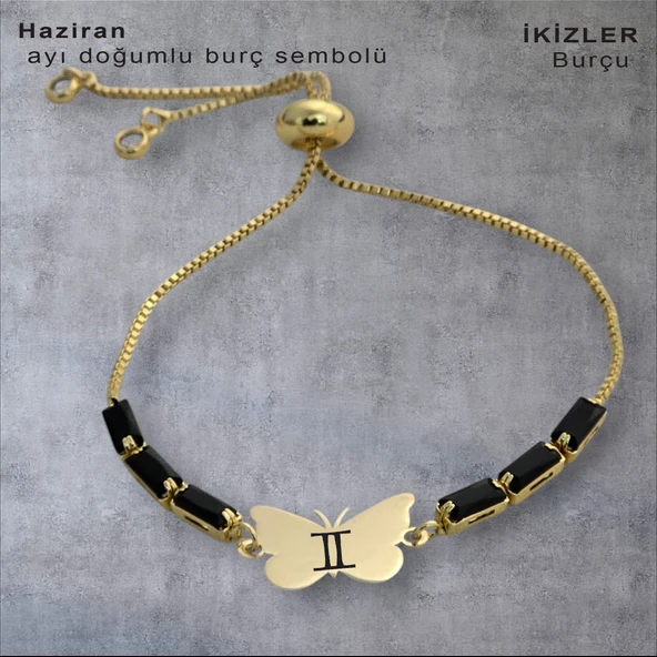 Doğum Ayına Özel 14 Ayar Altın Plakalı Kelebek Motifli Zincirli Siyah Taş Desenli Hediye Bileklik-343 ürün görseli 1