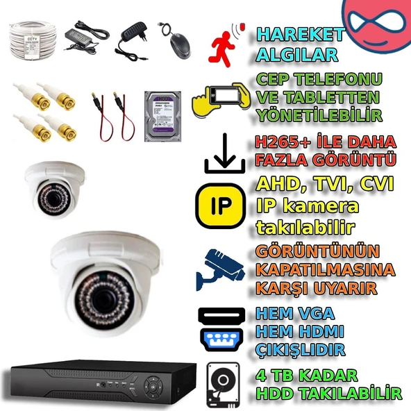 2 DOME KAMERALI 1080P 36 IRLED GÜVENLİK KAMERA SETİ ürün görseli 1