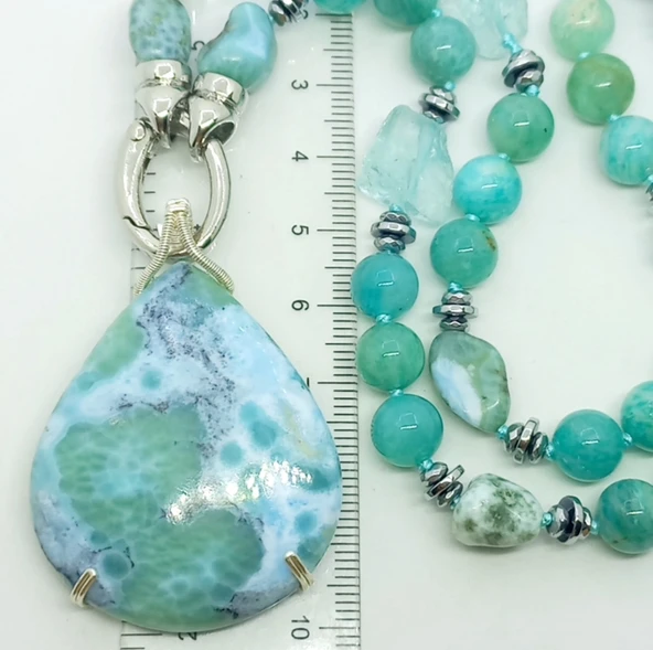 2440 Larimar Amazonit obsidyen Hematit el yapımı düğümlü kolye - Resim 2