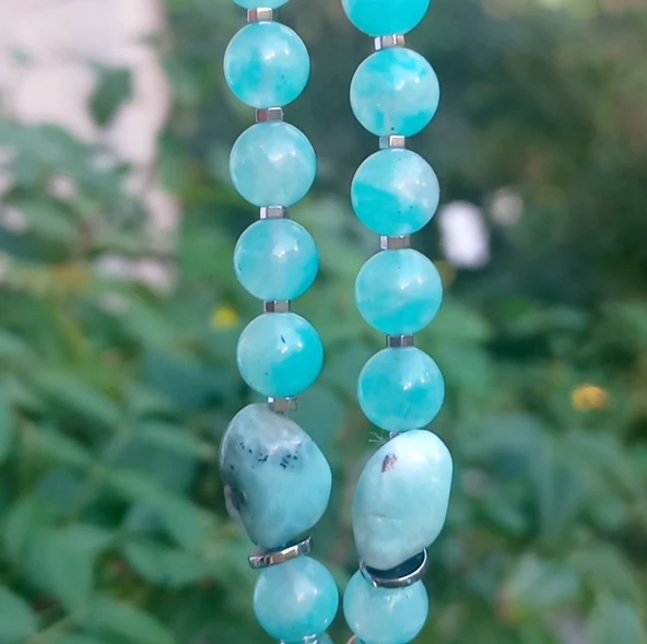 2441 Larimar Amazonit Hematit el yapımı kolye - Resim 6