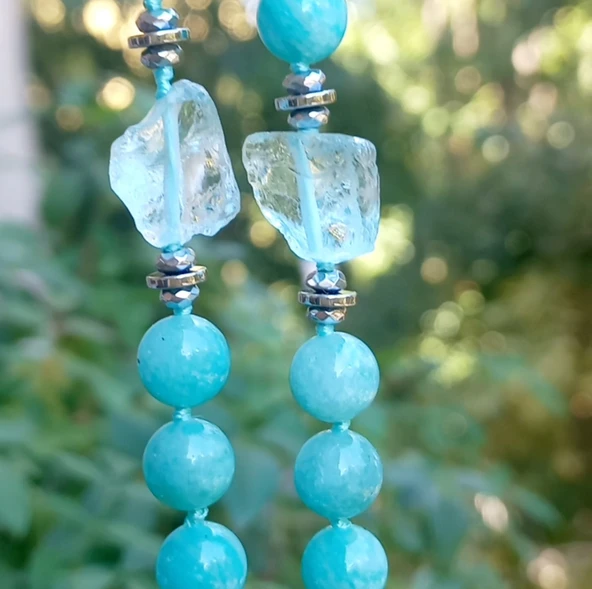 2440 Larimar Amazonit obsidyen Hematit el yapımı düğümlü kolye - Resim 7