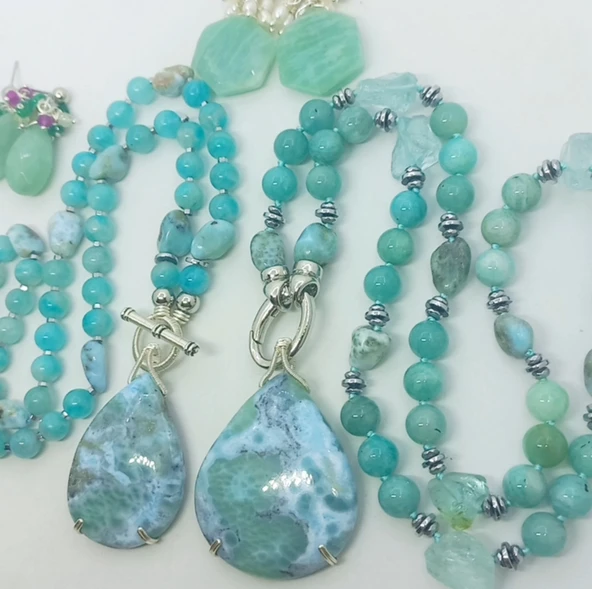 2440 Larimar Amazonit obsidyen Hematit el yapımı düğümlü kolye - Resim 8