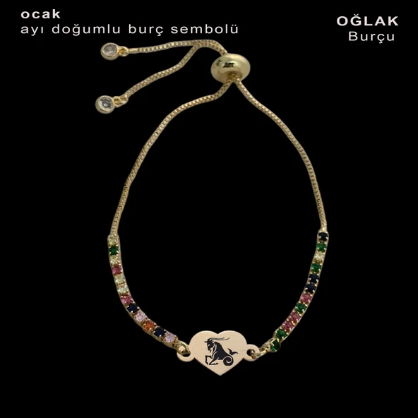 Burca Özel Kalp Figürlü Zincirli Renkli Taş Desenli 14 Ayar Altın Plakalı Hediye Bileklik-348 ürün görseli 1