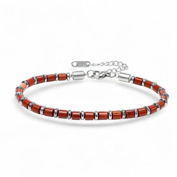 Kırmızı Jasper & Silver Hematit Taşlı Ayarlanabilir Çelik Zincir Erkek Bileklik 31832B10D4M5 ürün görseli 1