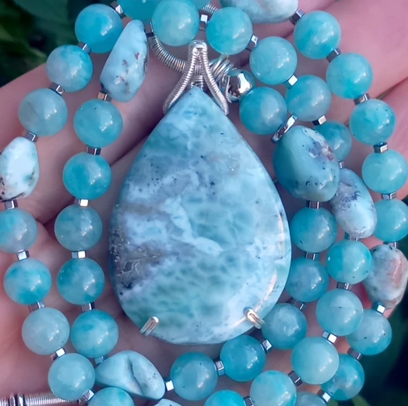 2441 Larimar Amazonit Hematit el yapımı kolye - Resim 7