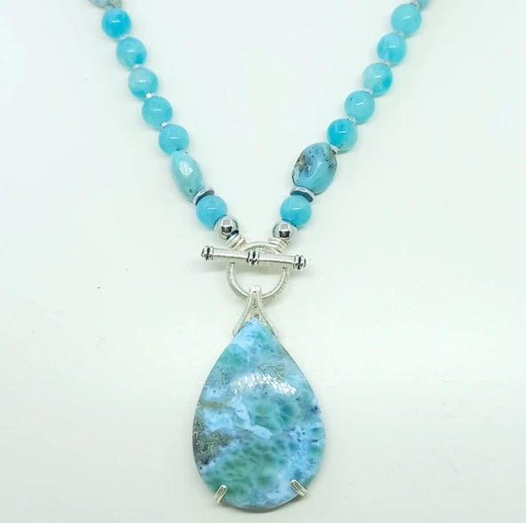 2441 Larimar Amazonit Hematit el yapımı kolye - Resim 3