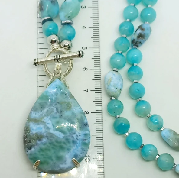 2441 Larimar Amazonit Hematit el yapımı kolye - Resim 2