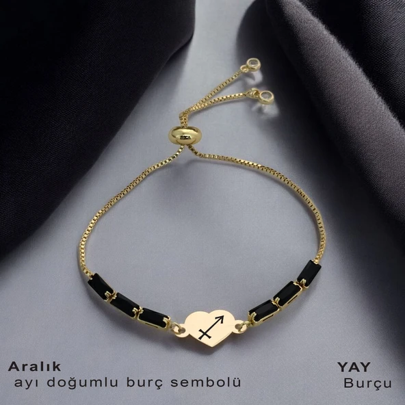 Doğum Ayına Özel 14 Ayar Altın Plakalı Kalp Motifli Zincirli Siyah Taş Desenli Hediye Bileklik-351 ürün görseli 1