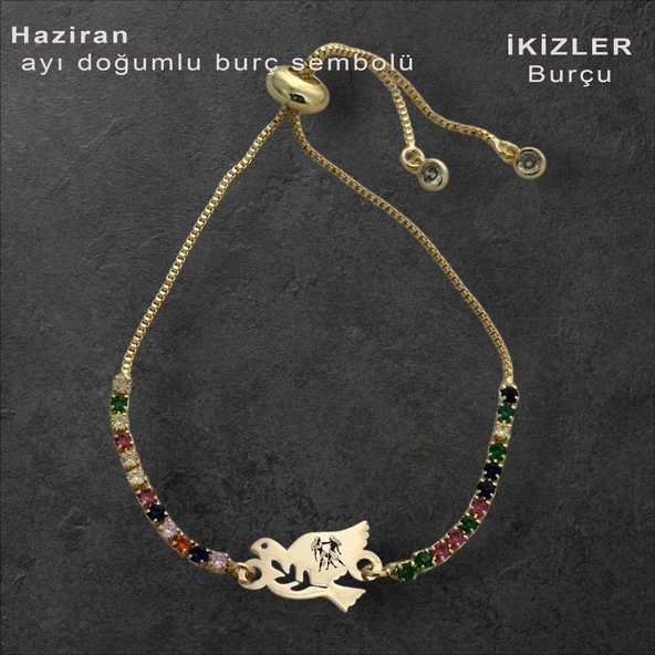 Burca Özel Kuş Motifli Zincirli Renkli Taş Desenli 14 Ayar Altın Plakalı Hediye Bileklik-353 ürün görseli 1