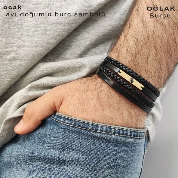 Burca Özel Dikdörtgen Motifli Hakiki Siyah Derili 14 Ayar Altın Plakalı Hediye Bileklik-354 ürün görseli 1