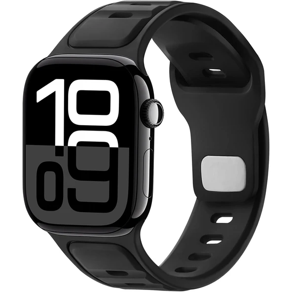 Apple Watch 42mm 44mm 45mm S10 46mm Ultra 49mm Çift Renkli Spor Silikon Kordon Nefes Alabilir  Siyah ürün görseli 1