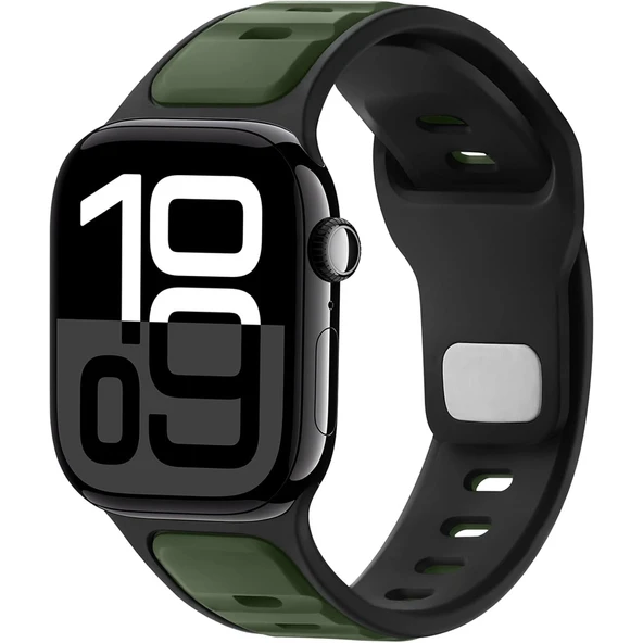 Apple Watch 42mm 44mm 45mm S10 46mm Ultra 49mm Çift Renkli Spor Silikon Kordon Nefes Alabilir  Haki ürün görseli 1