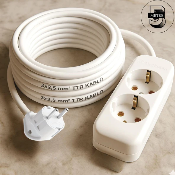 Acaroğlu - 5 Metre 3x2,5mm² TTR Kablo | İkili Uzatma Grup Priz ürün görseli 1
