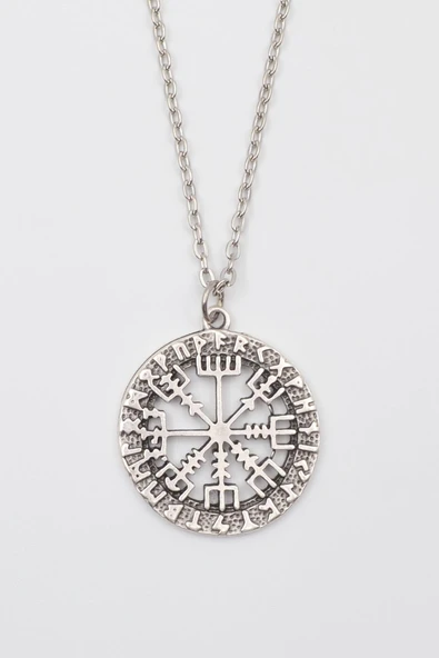 Viking Pusula Kolye (Vegvisir) - Düz Ezme İthal Zincirli Unisex Gümüş Kaplama - 60 cm ürün görseli 1