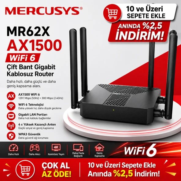 Mercusys MR62X AX1500 Çift Bantlı WiFi 6 Çift Bant Gigabit LAN Router ürün görseli 1