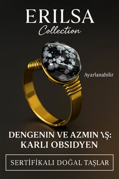 Sertifikalı Doğal Karlı Obsidyen Taşı Yüzük – Kalın Tımbıl Kasa Gold Ayarlanabilir ürün görseli 1