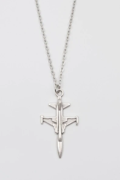 Modern F-5 Tiger Uçak Kolye - Düz Ezme İthal Zincirli Unisex Gümüş Kaplama - 60 cm ürün görseli 1