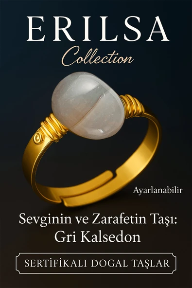 Sertifikalı Doğal Gri Kalsedon Taşı Yüzük – Kalın Tımbıl Kasa Gold Renk Ayarlanabilir ürün görseli 1