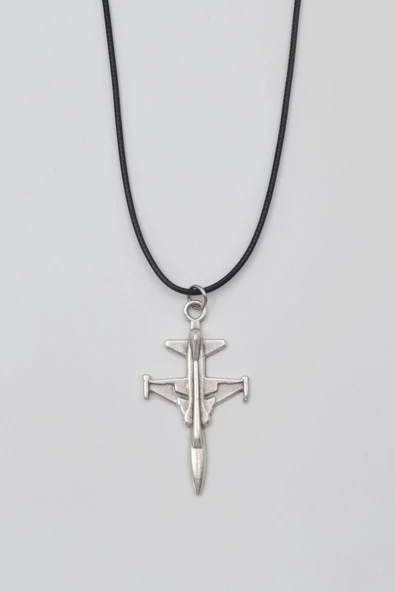 F-5 Tiger Savaş Uçağı Kolye - PU Deri İp Zincirli Unisex Gümüş Kaplama Havacı Takı - 60 cm ürün görseli 1