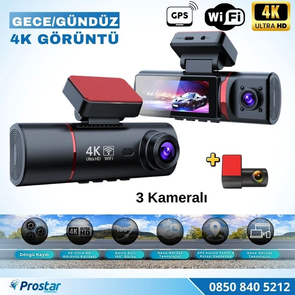 4K Ultra HD 3 Kameralı Ön, iç ve Arka Wifi GPS G-Sensör Park Modu Dashcam Kamera ürün görseli 1