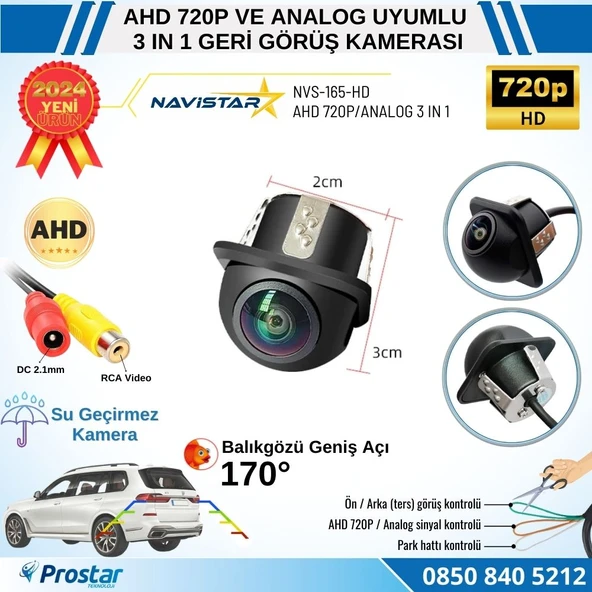 AHD 720P ve Analog Pal Çevrilebilir 170 Derece Balıkgözü Geniş Açılı  Geri Görüş Kamerası ürün görseli 1